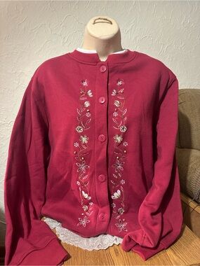 Women's Embroidered Button-Up Sweater Cardigan - Deep Rose